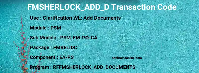 SAP FMSHERLOCK_ADD_D transaction code